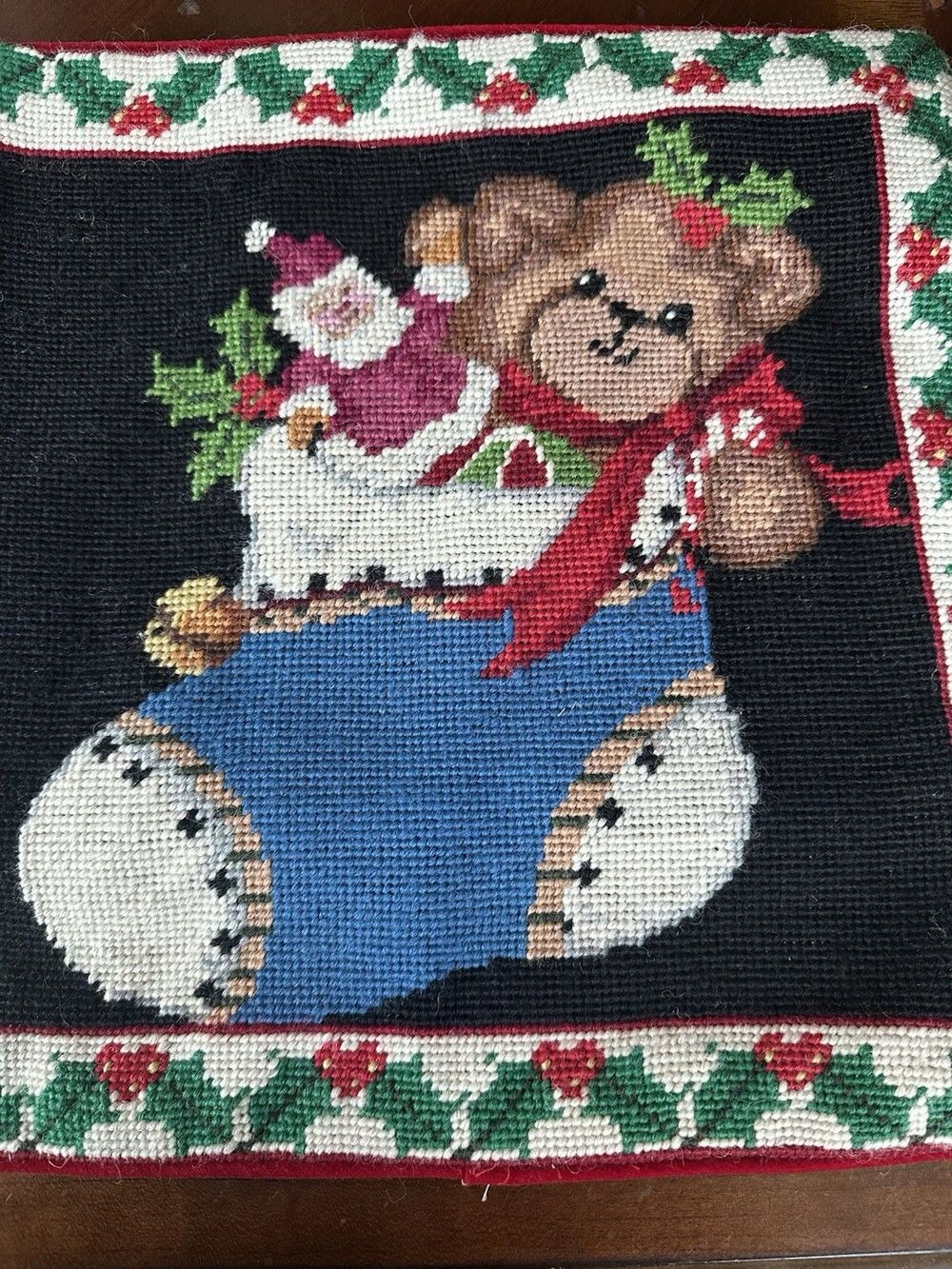 Vtg Needlepoint Christmas Stocking Pillow Teddy Bear Gift Red Velvet Back 13.5